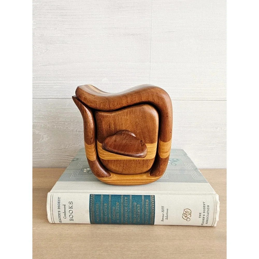 Vintage 3-Piece Bandsaw Handmade Multi-Wood Jewelry Trinket Box With Screw